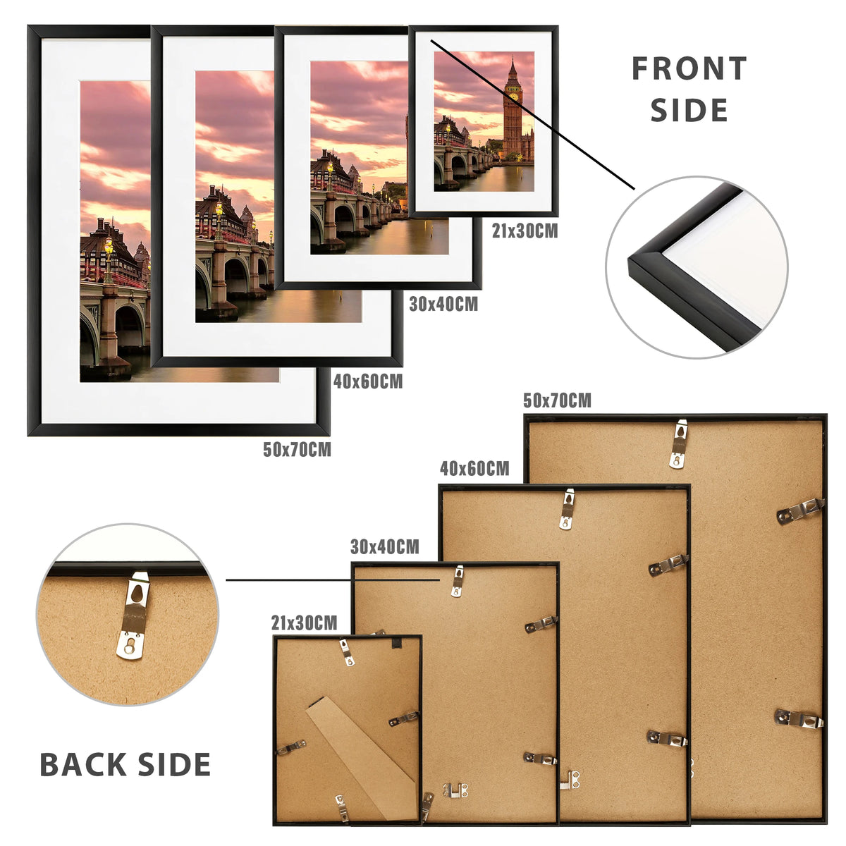 3pcs 30x40cm 40x60cm 50x70cm Modern Black Aluminum Picture Frames With Mat For Wall Art Canvas Print Poster Display, Minimalist Gallery Wall Frame For Living Room Bedroom Office Home Decor, Lightweight Easy Mounting Photo Fra
