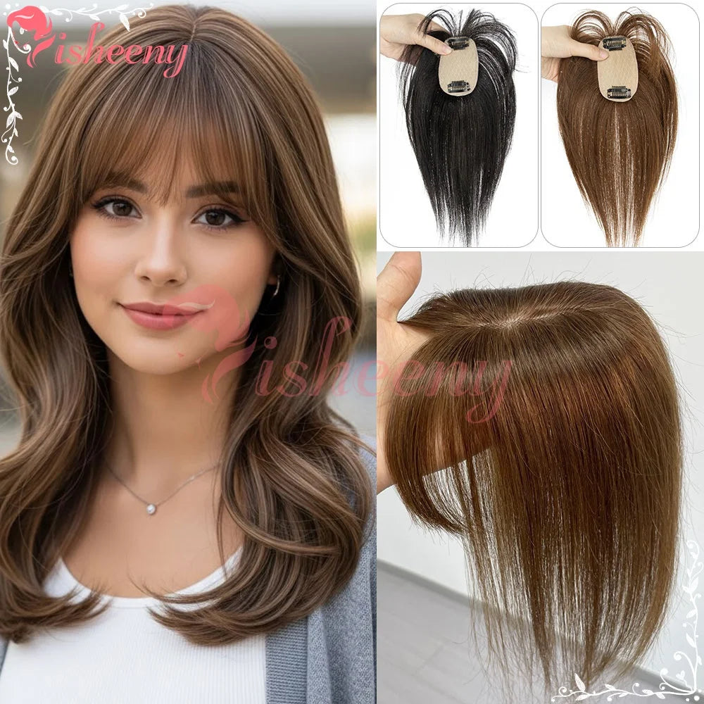Isheeny 5x9cm Human Hair Toppers Daily Wear Dark Extensions Black Brown 20g 20cm/25cm/30cm Hairpiece for Quick Hair Loss Fix