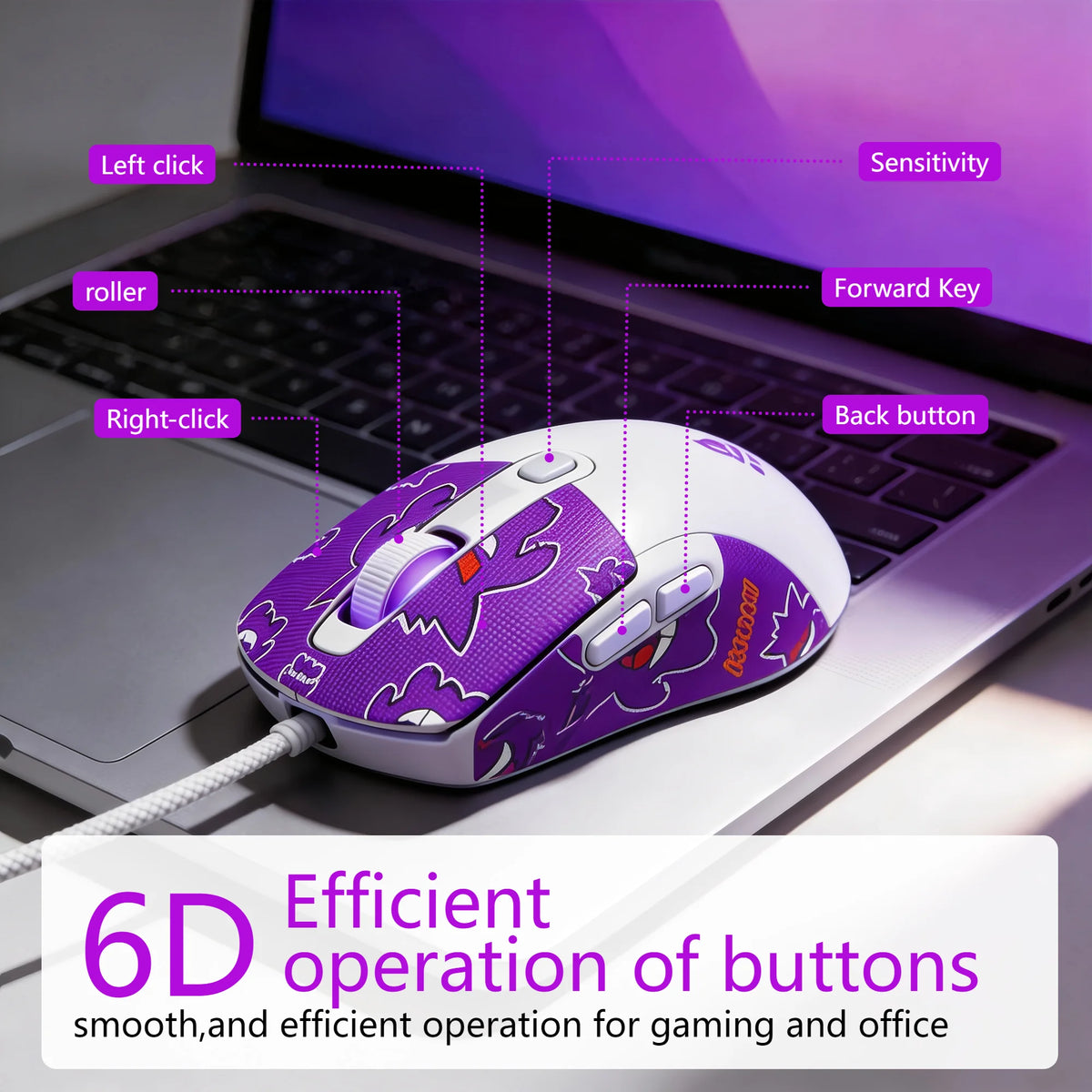 RGB Gaming Mouse Wired 6D Programmable Buttons Ergonomic Gamer Mouse 4 Levels DPI Adjustable Computer Mouse USB Wired Mouse Breathing Light Gaming Mice 1.5m Cable for PC Laptop E-sports Mouse Purple