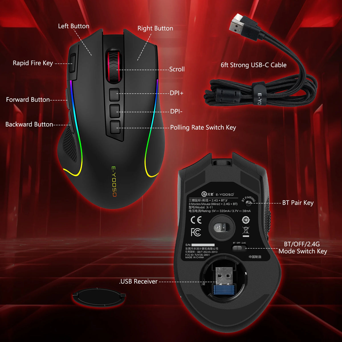 FocusOnPC 2.4G Wireless RGB Optical Gaming Mouse, 8000 DPI, Remappable Keys, Zero Latency Cable-Free Design, Custom Macro Keybindings, Vibrant Backlight & Ergonomic Comfort Grip