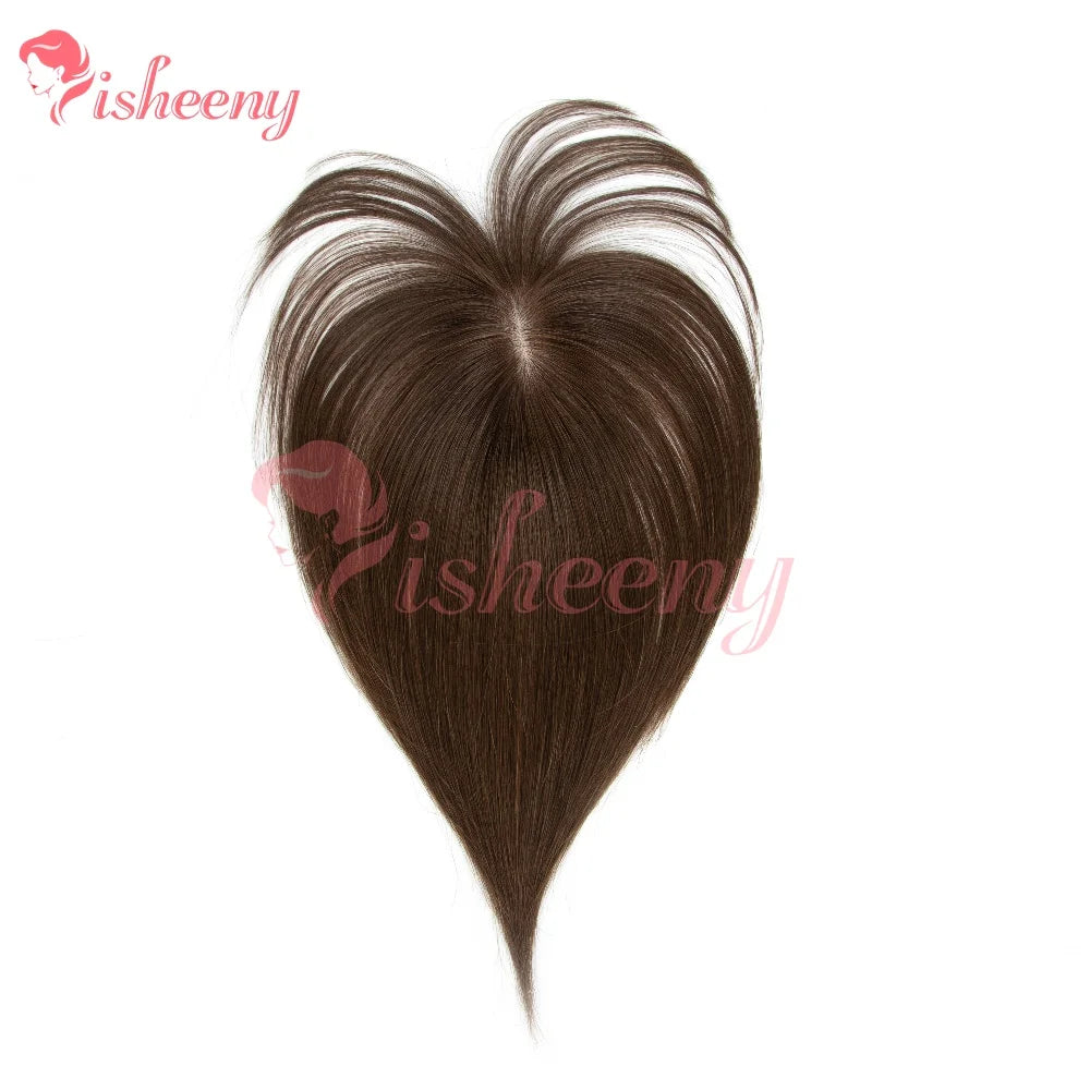 Isheeny 5x9cm Human Hair Toppers Daily Wear Dark Extensions Black Brown 20g 20cm/25cm/30cm Hairpiece for Quick Hair Loss Fix