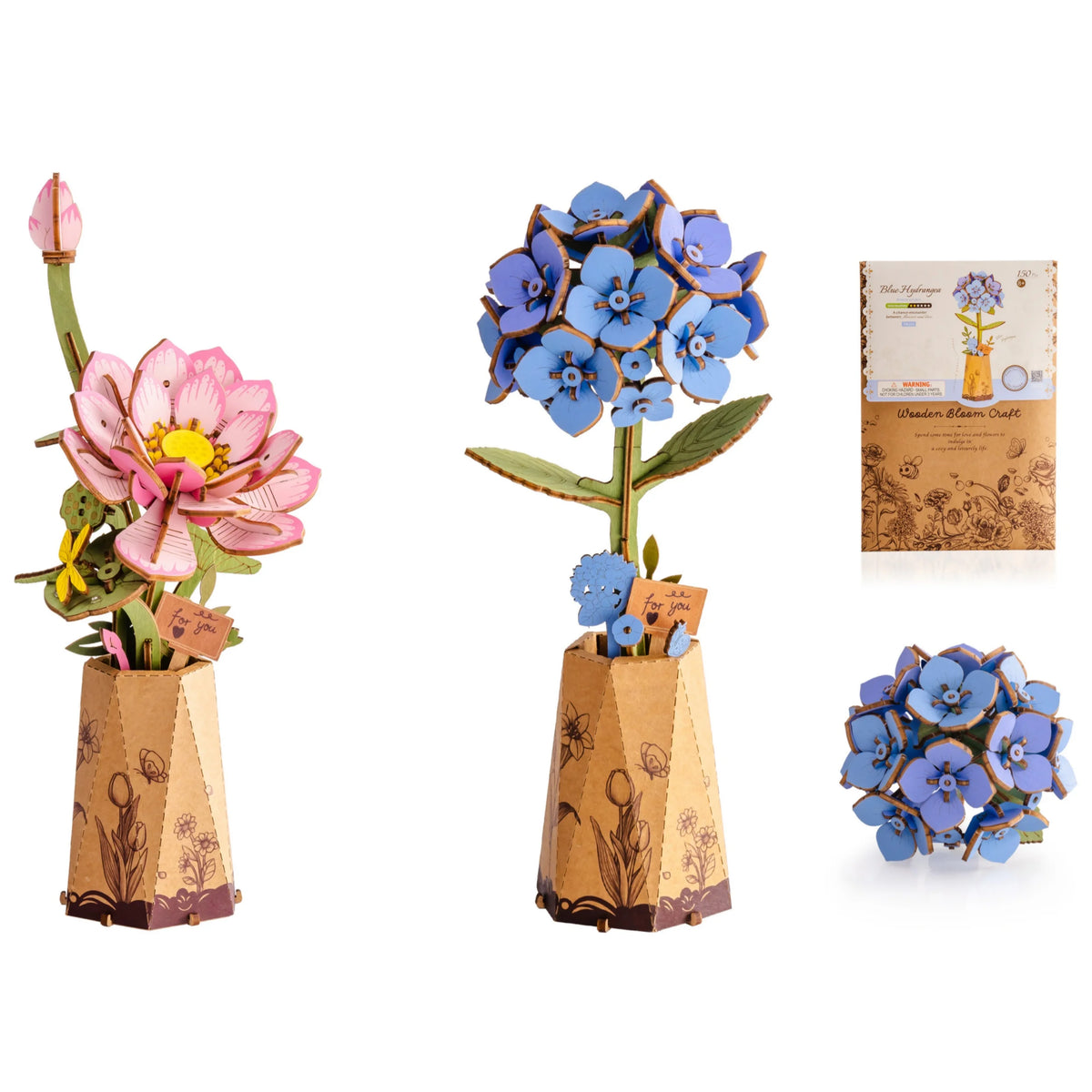 Rolife Wooden Flower 3D Puzzle - Blue Hydrangea/Lotus DIY Artificial Flower Model Building Craft Kit for Home Decor Holiday Gift for Lovers Girls(TW141/151)