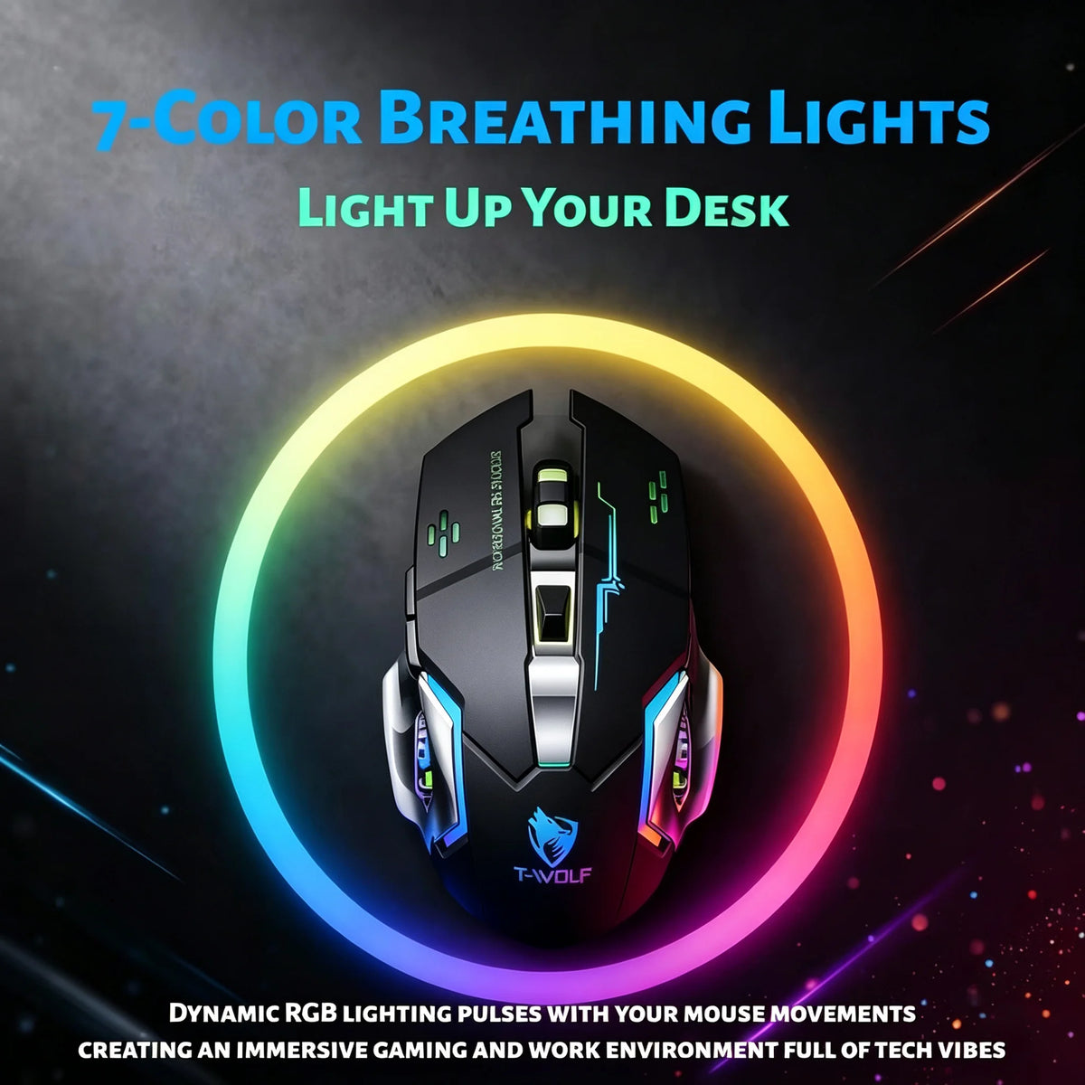 RGB Wireless Gaming Mouse - T-WOLF Rechargeable BT5.0 + 2.4G Dual-Mode Mouse, Silent Full-Size Ergonomic Design For Extended Work, Productivity & Gaming, Tech Desk Setup Accessories, Back To School Gift