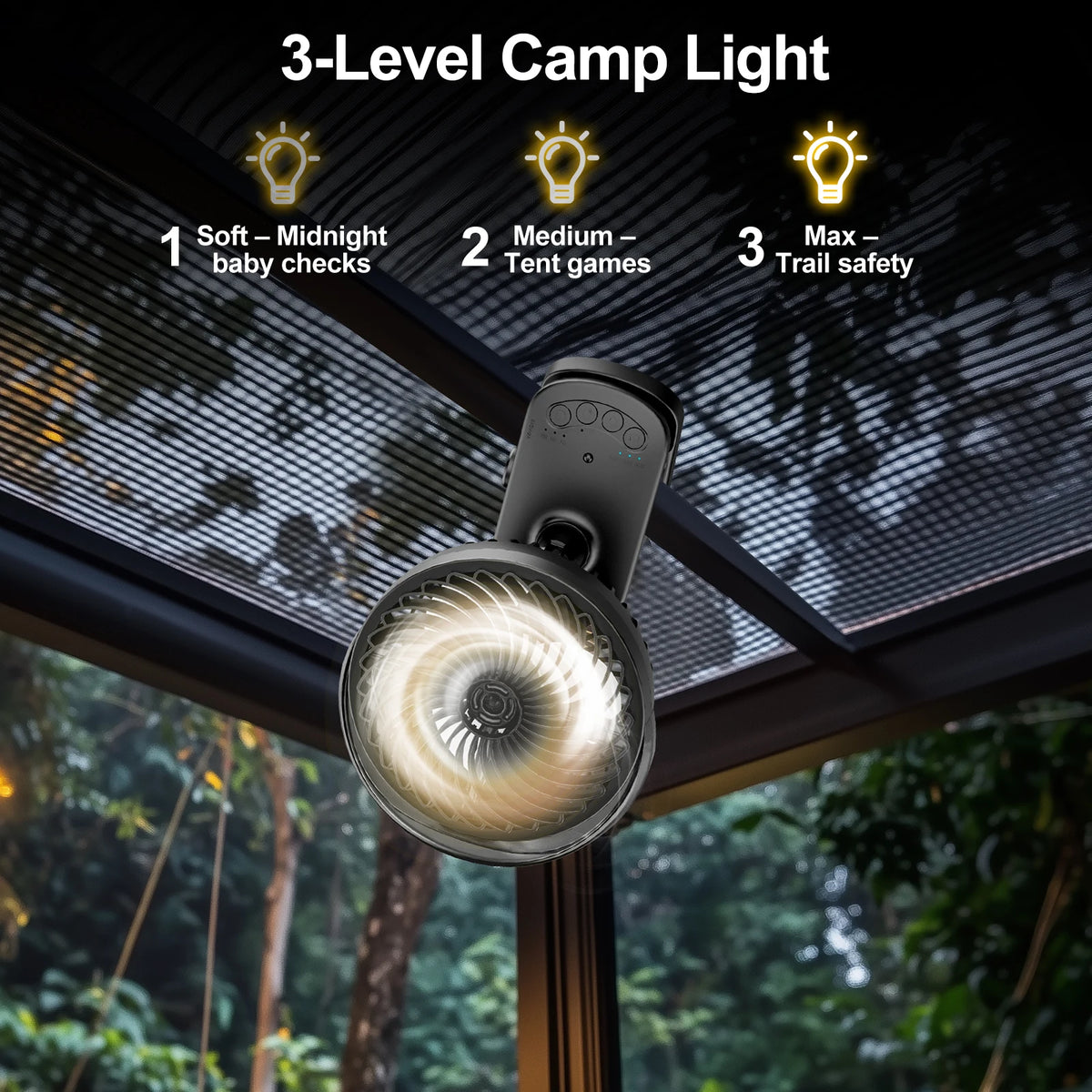 Portable Clip Fan Oscillating Pram Fan With lights 3 lighting levels Flexible Tripod Clip-on 6000mAh USB Battery Operated 360° Rotatable Hanging Fan with Night Light Air Cooler for Outdoor Camping Ventilador