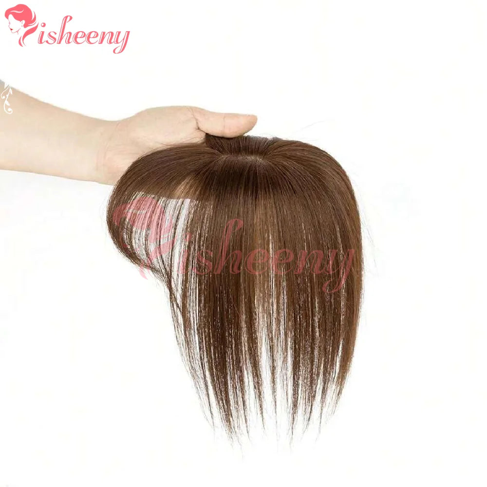 Isheeny 5x9cm Human Hair Toppers Daily Wear Dark Extensions Black Brown 20g 20cm/25cm/30cm Hairpiece for Quick Hair Loss Fix