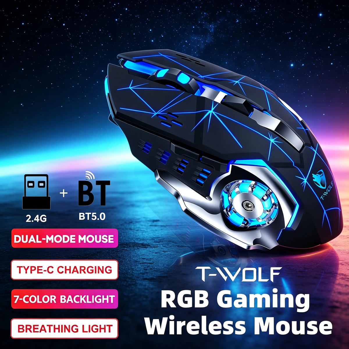 RGB Wireless Gaming Mouse - T-WOLF Rechargeable BT5.0 + 2.4G Dual-Mode Mouse, Silent Full-Size Ergonomic Design For Extended Work, Productivity & Gaming, Tech Desk Setup Accessories, Back To School Gift