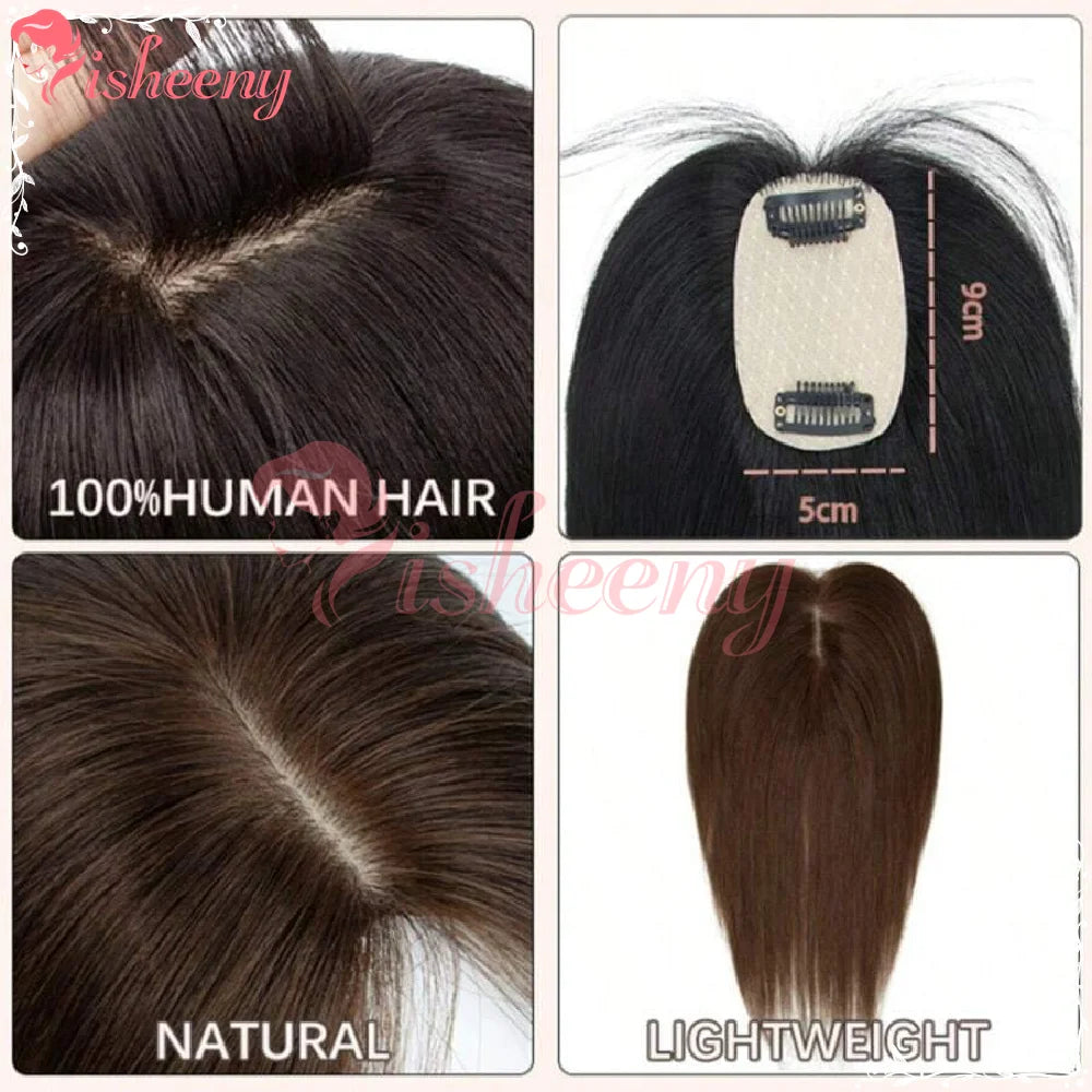 Isheeny 5x9cm Human Hair Toppers Daily Wear Dark Extensions Black Brown 20g 20cm/25cm/30cm Hairpiece for Quick Hair Loss Fix