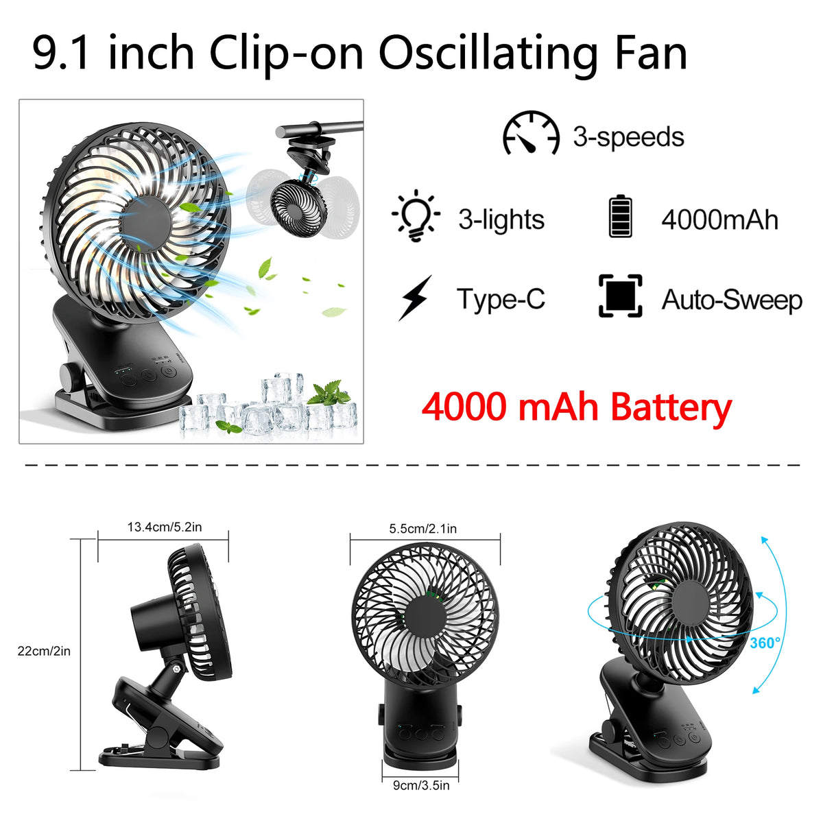 Portable Clip Fan Oscillating Pram Fan With lights 3 lighting levels Flexible Tripod Clip-on 6000mAh USB Battery Operated 360° Rotatable Hanging Fan with Night Light Air Cooler for Outdoor Camping Ventilador