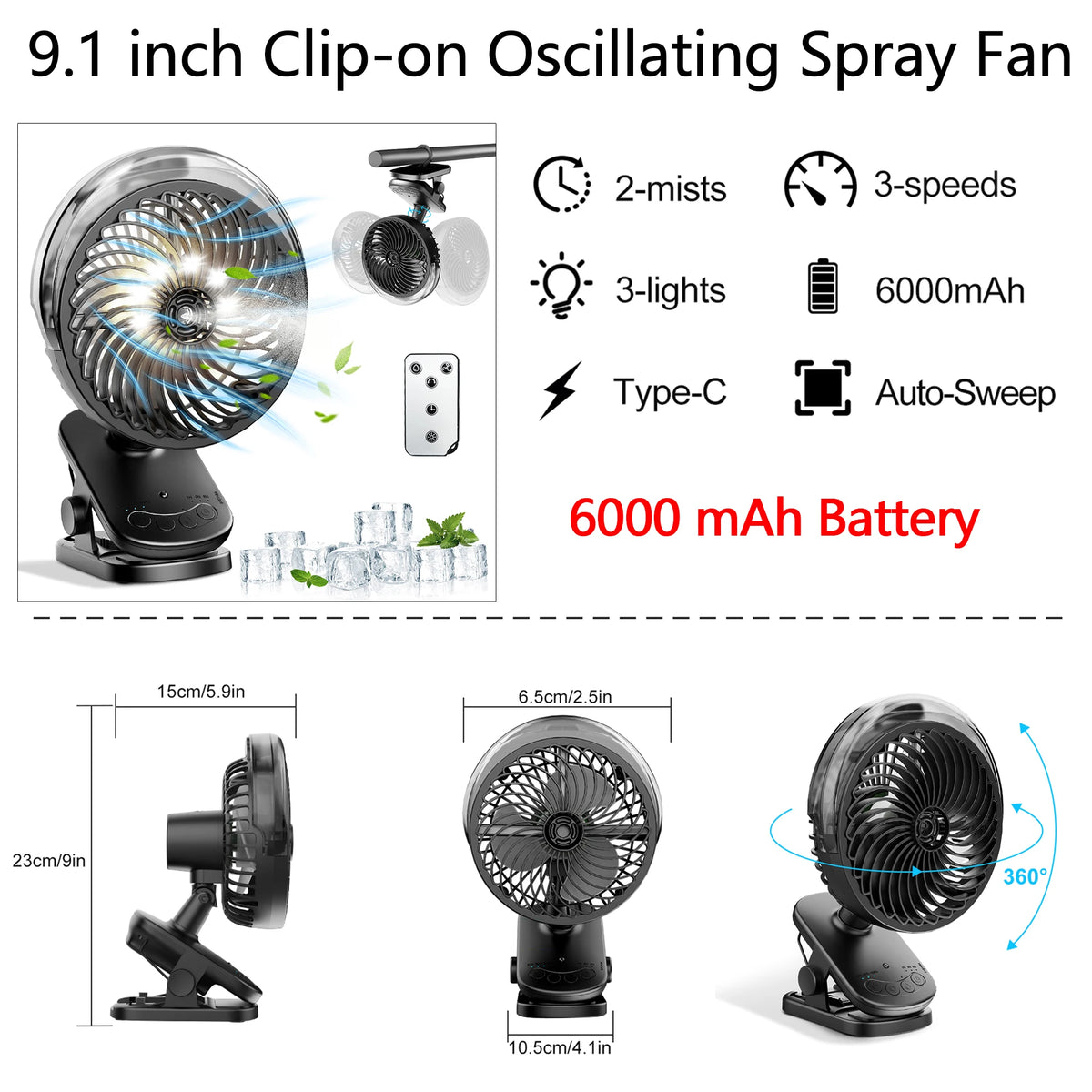 Portable Clip Fan Oscillating Pram Fan With lights 3 lighting levels Flexible Tripod Clip-on 6000mAh USB Battery Operated 360° Rotatable Hanging Fan with Night Light Air Cooler for Outdoor Camping Ventilador
