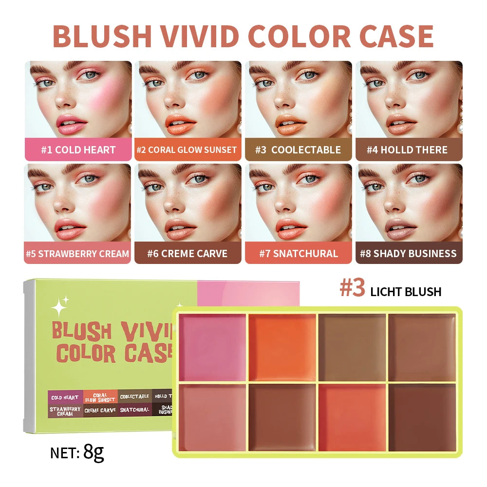 All-In-One 8 Color Cream Blush Countouring Face Palette Blendable Longwear Natural Glow Shades Long-Lasting Sweat-Resistant Woman Makeup