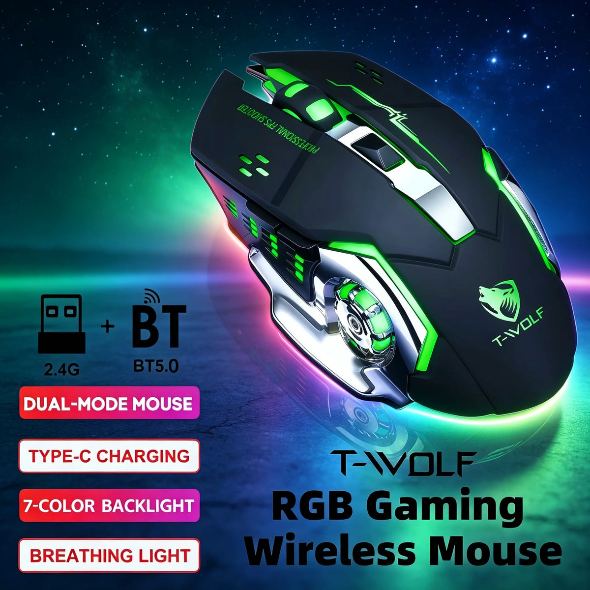 RGB Wireless Gaming Mouse - T-WOLF Rechargeable BT5.0 + 2.4G Dual-Mode Mouse, Silent Full-Size Ergonomic Design For Extended Work, Productivity & Gaming, Tech Desk Setup Accessories, Back To School Gift