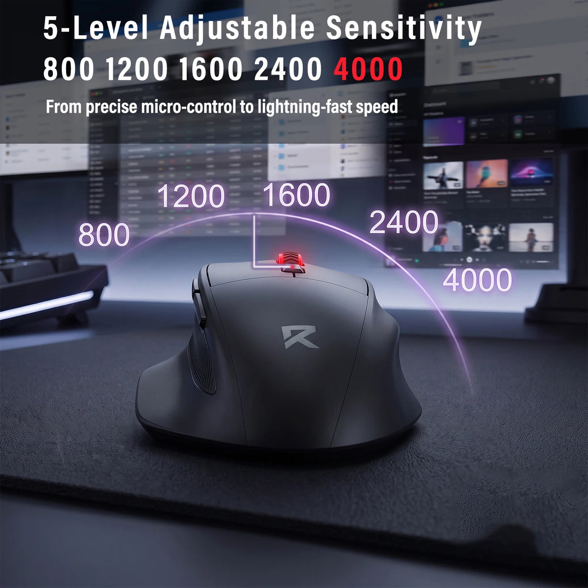 FocusOnPC 2.4GHz Wireless Gaming Mouse, 6 Programmable Buttons, Adjustable Up to 4000 Max DPI, Black Ergonomic PC Gaming Mice