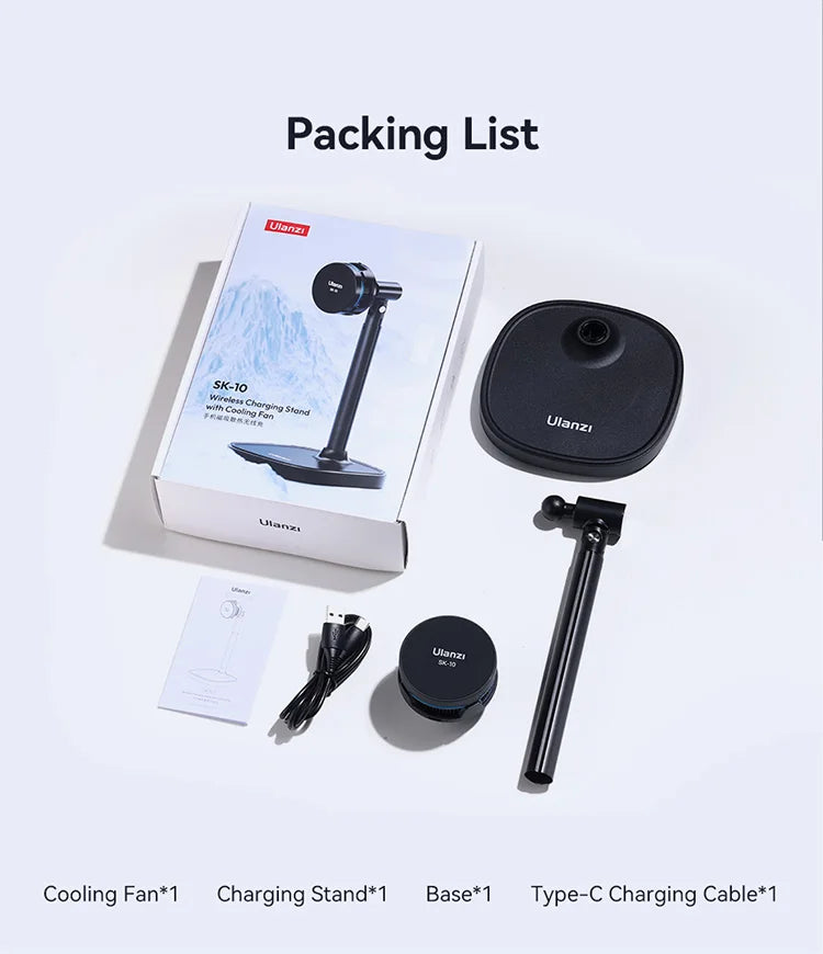Ulanzi SK-10 3 in 1 Magnetic Cell Phone Stand with Cooling Fan and Wireless Charger for iPhone Height Adjustable Phone Desk Hold
