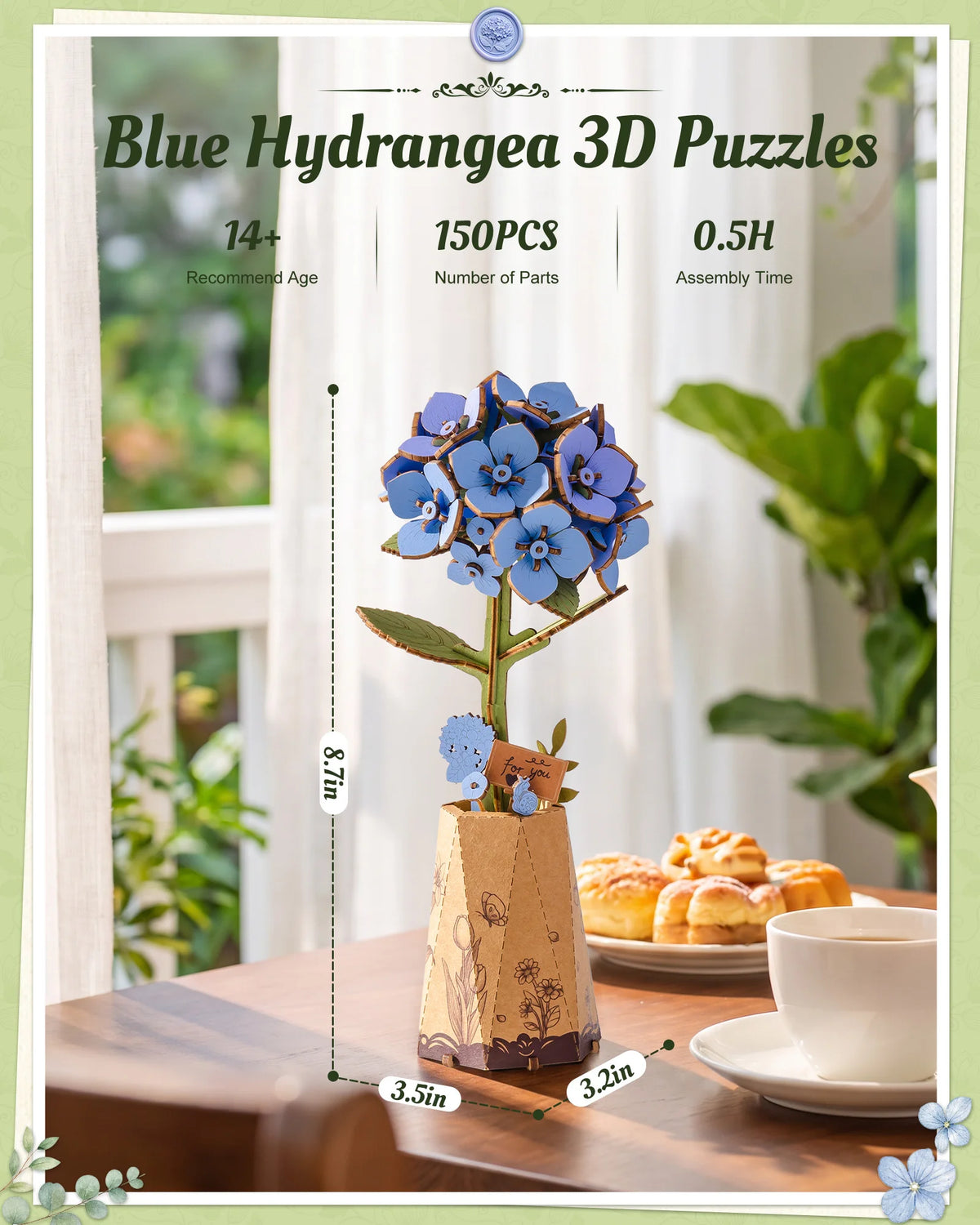 Rolife Wooden Flower 3D Puzzle - Blue Hydrangea/Lotus DIY Artificial Flower Model Building Craft Kit for Home Decor Holiday Gift for Lovers Girls(TW141/151)