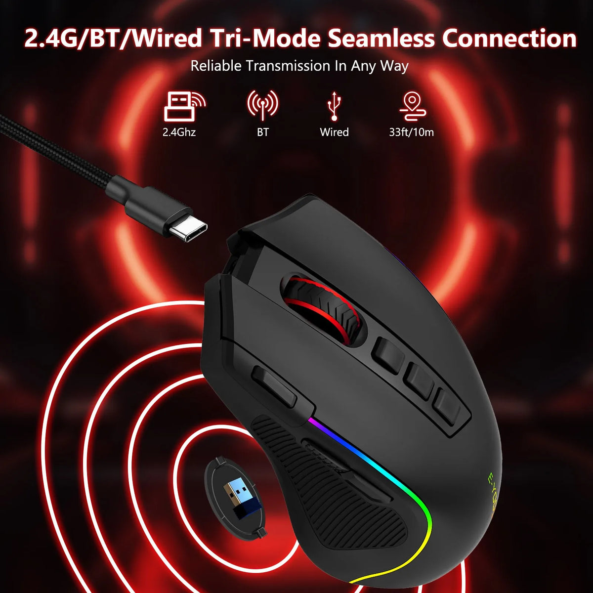 FocusOnPC 2.4G Wireless RGB Optical Gaming Mouse, 8000 DPI, Remappable Keys, Zero Latency Cable-Free Design, Custom Macro Keybindings, Vibrant Backlight & Ergonomic Comfort Grip