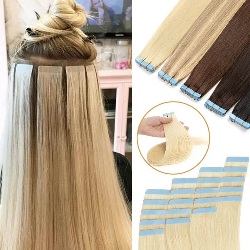 High Quality Silky Soft Remy Human Hair Extensions 12 Inch-20 Inch Tape Hair Wear Resistant Durable Silky Soft PU Seamless Add Length Volume