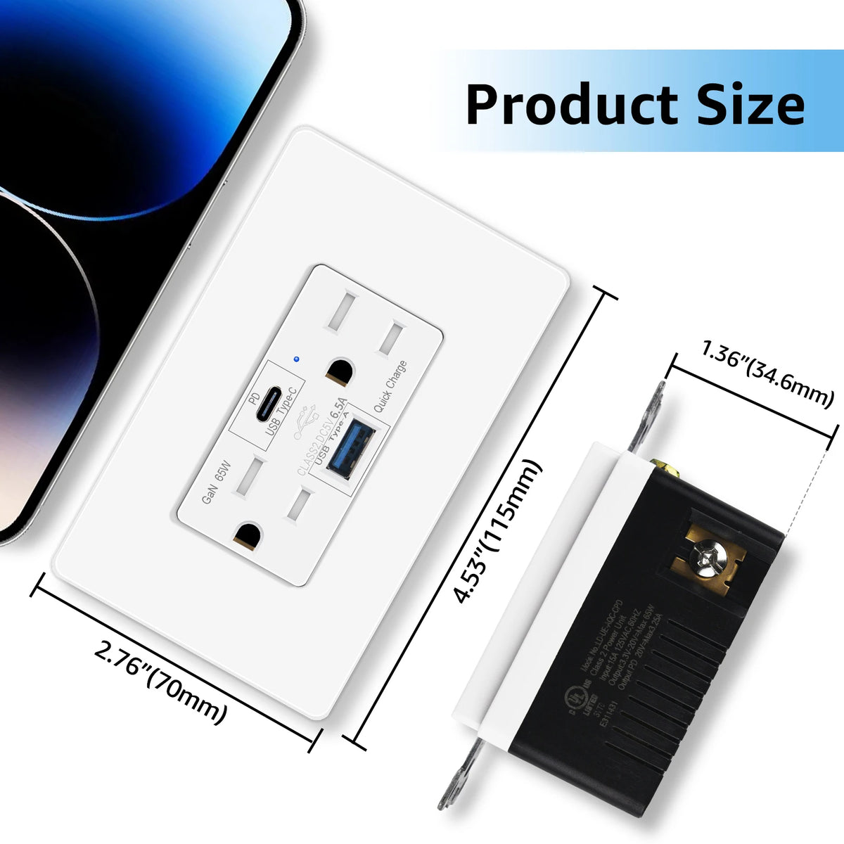 PD3.0 65W GaN Fast Charging US Wall Outlet Dual USB A Type-C 15A Receptacle For Phone Laptop Tablet
