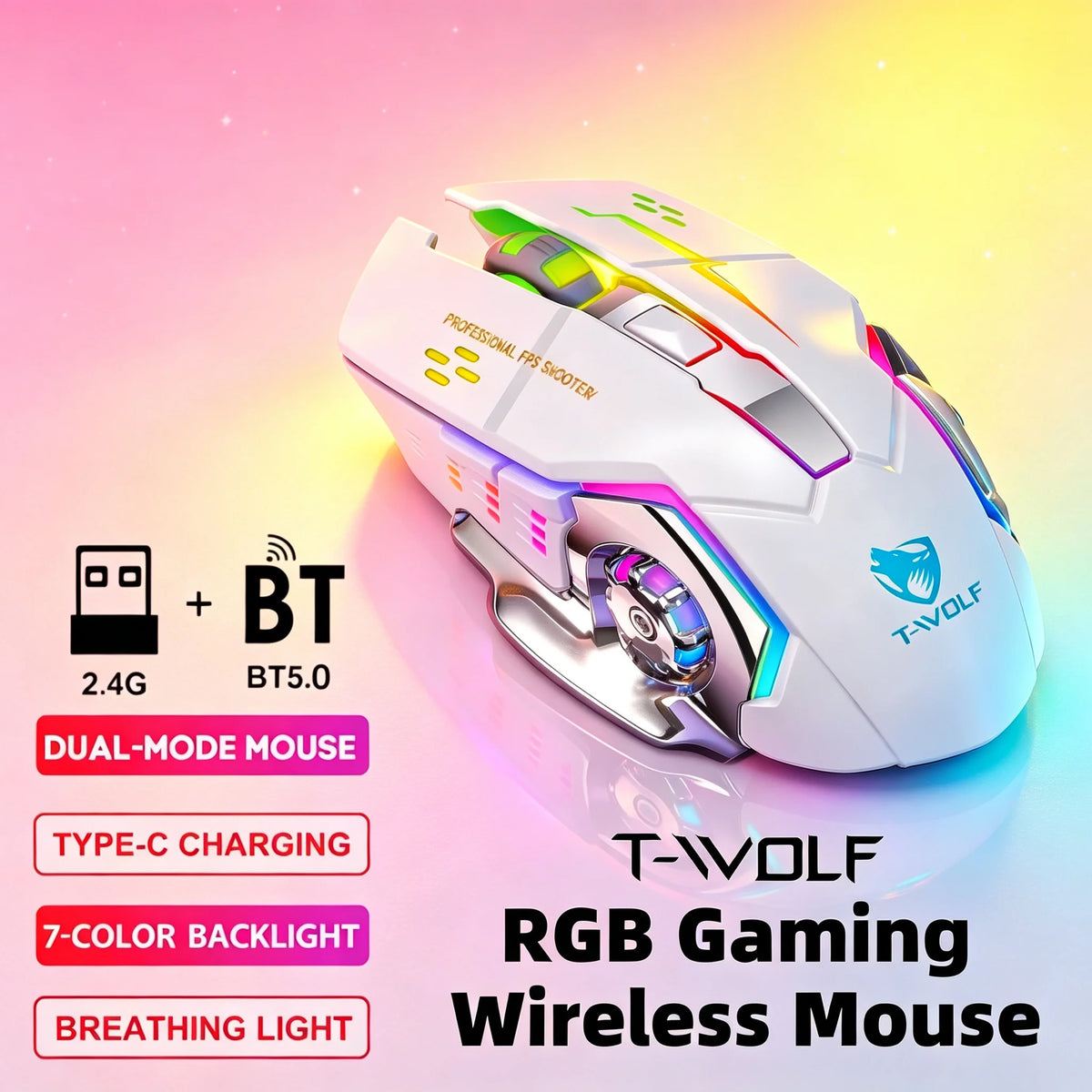 RGB Wireless Gaming Mouse - T-WOLF Rechargeable BT5.0 + 2.4G Dual-Mode Mouse, Silent Full-Size Ergonomic Design For Extended Work, Productivity & Gaming, Tech Desk Setup Accessories, Back To School Gift