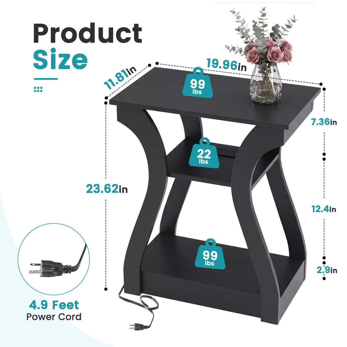 JHK 3 Tier Curved Living Room Cabinet End Table with Charging Station Storage Shelf with USB Type-C Port AC Outlets for Bedroom Home Decor