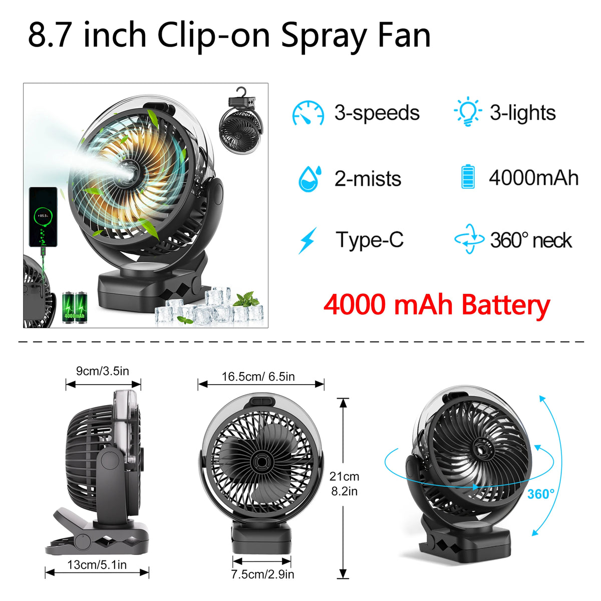 Portable Clip Fan Oscillating Pram Fan With lights 3 lighting levels Flexible Tripod Clip-on 6000mAh USB Battery Operated 360° Rotatable Hanging Fan with Night Light Air Cooler for Outdoor Camping Ventilador