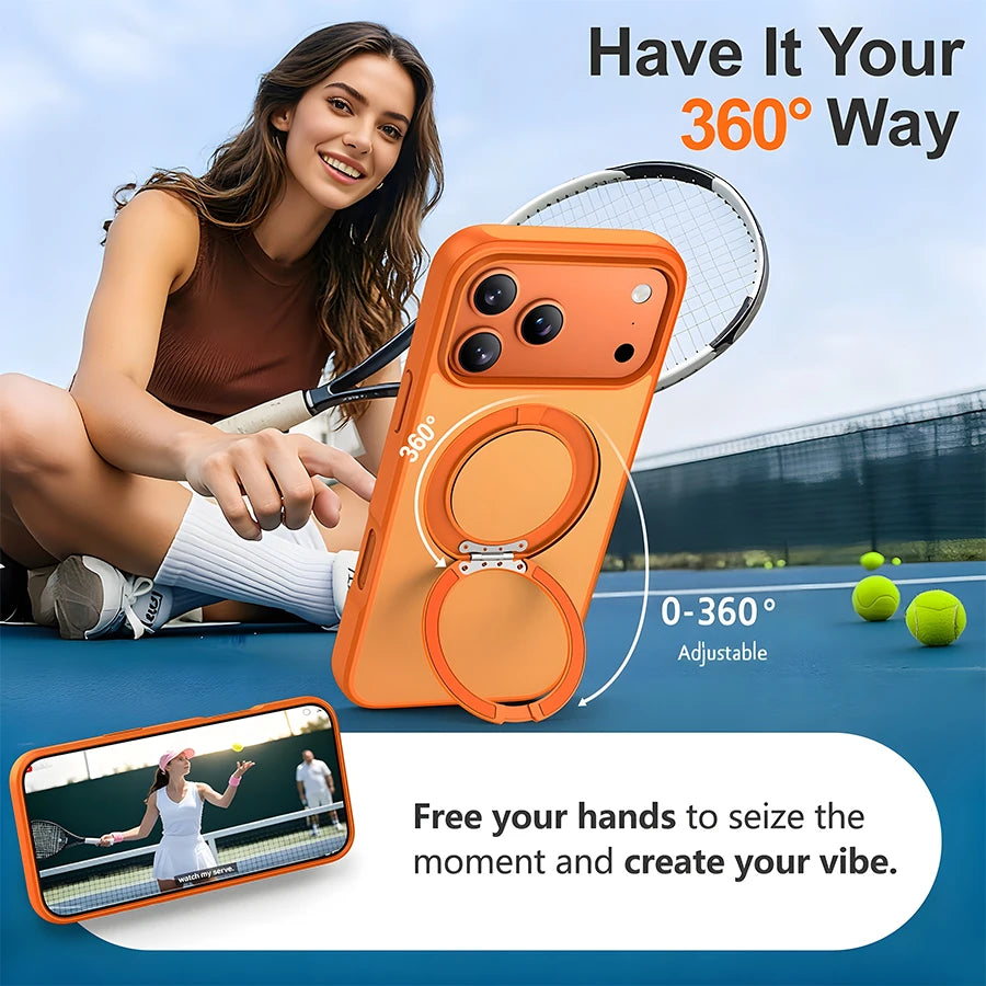 360° Adjustable Magnetic Phone Case with Rotating Stand | Multi-Function & MagSafe Compatible, Skin-Friendly & Portable Semi-Transparent Design for iPhone 18/17/16/15/14/13/12 Pro/ProMax/Air/Plus/E Series