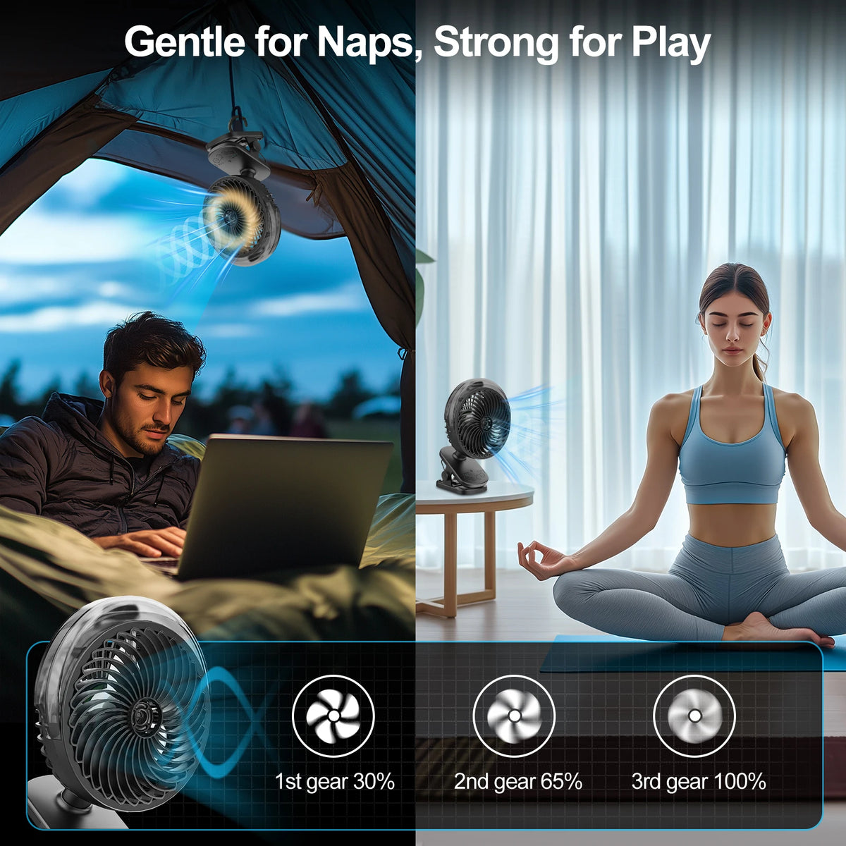 Portable Clip Fan Oscillating Pram Fan With lights 3 lighting levels Flexible Tripod Clip-on 6000mAh USB Battery Operated 360° Rotatable Hanging Fan with Night Light Air Cooler for Outdoor Camping Ventilador