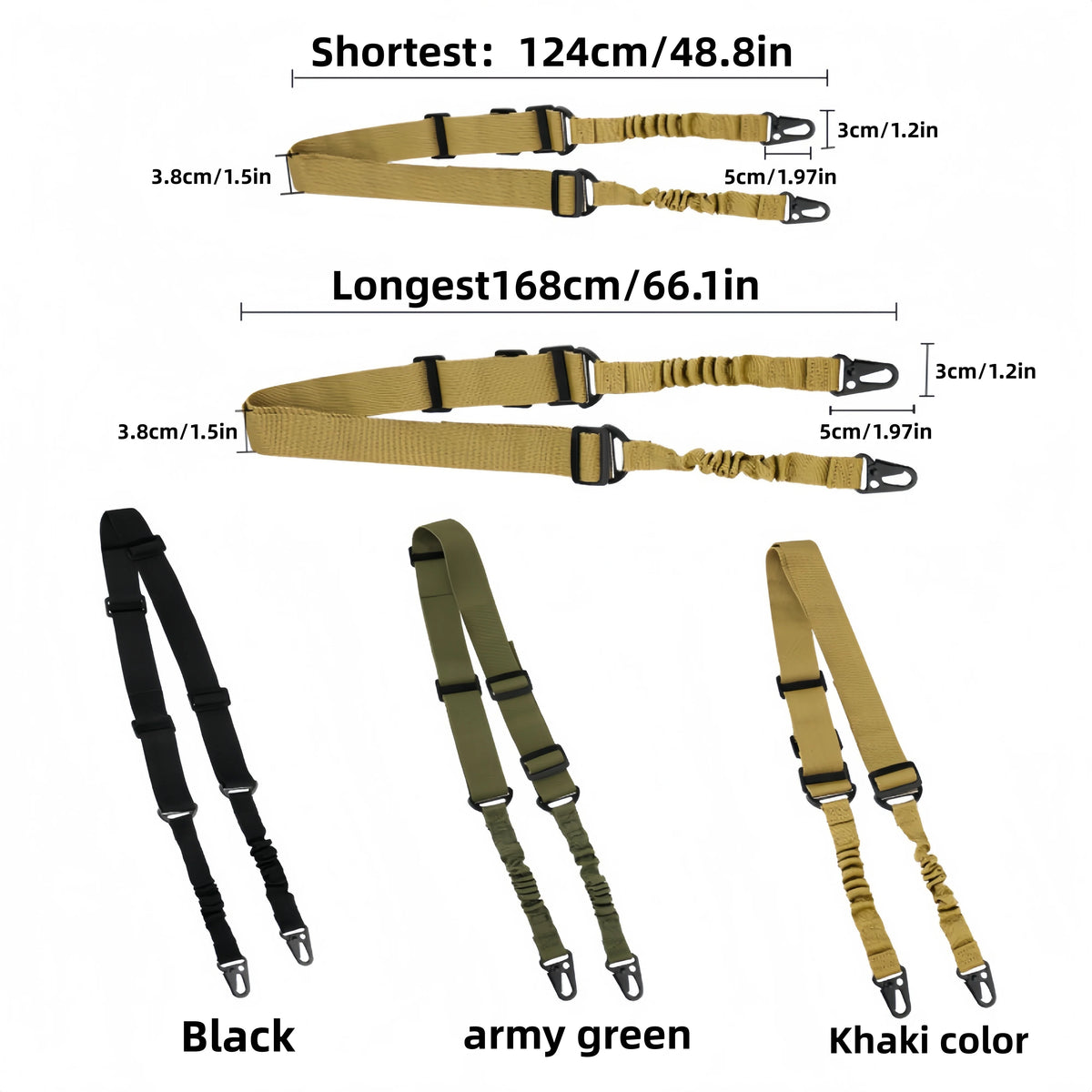 Adjustable tactical double-point elastic shoulder strap durable nylon strap high-quality heavy-duty sling outdoor sports accessories, metal hook, suitable for tactical outdoor sports
