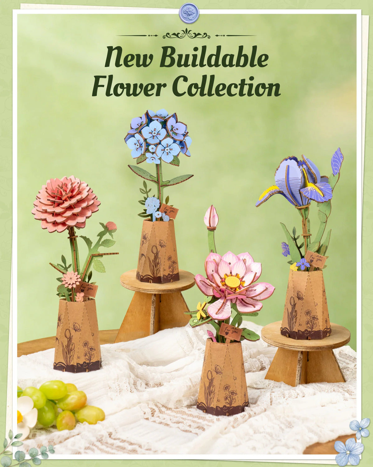 Rolife Wooden Flower 3D Puzzle - Blue Hydrangea/Lotus DIY Artificial Flower Model Building Craft Kit for Home Decor Holiday Gift for Lovers Girls(TW141/151)