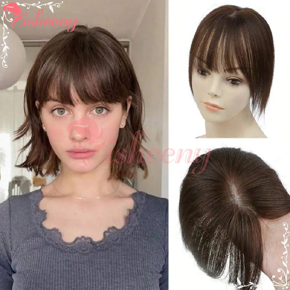 Isheeny 5x9cm Human Hair Toppers Daily Wear Dark Extensions Black Brown 20g 20cm/25cm/30cm Hairpiece for Quick Hair Loss Fix