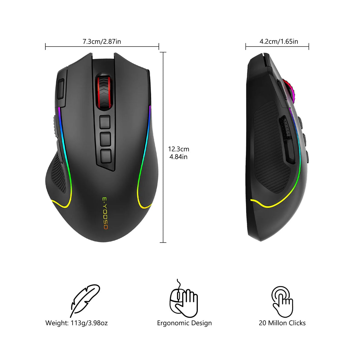 FocusOnPC 2.4G Wireless RGB Optical Gaming Mouse, 8000 DPI, Remappable Keys, Zero Latency Cable-Free Design, Custom Macro Keybindings, Vibrant Backlight & Ergonomic Comfort Grip