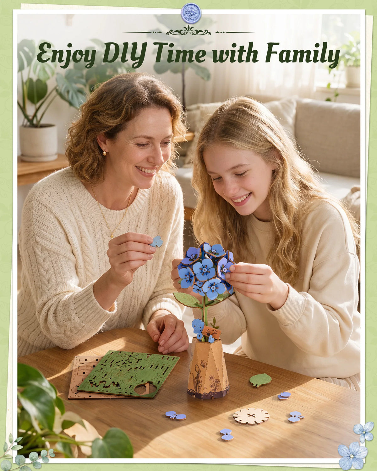 Rolife Wooden Flower 3D Puzzle - Blue Hydrangea/Lotus DIY Artificial Flower Model Building Craft Kit for Home Decor Holiday Gift for Lovers Girls(TW141/151)