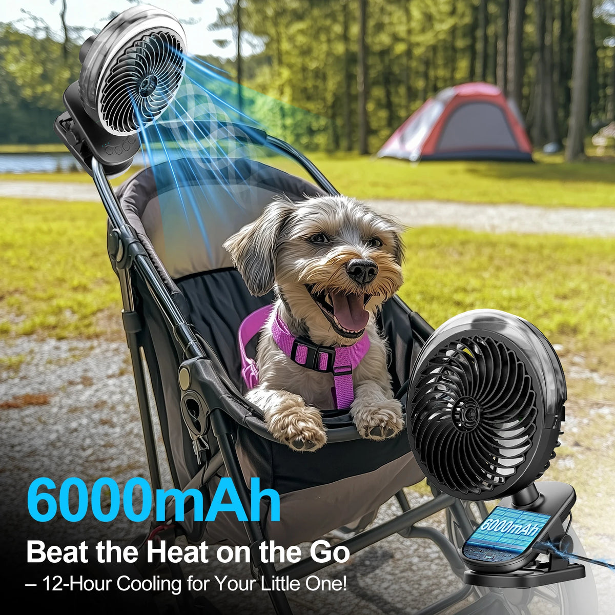 Portable Clip Fan Oscillating Pram Fan With lights 3 lighting levels Flexible Tripod Clip-on 6000mAh USB Battery Operated 360° Rotatable Hanging Fan with Night Light Air Cooler for Outdoor Camping Ventilador