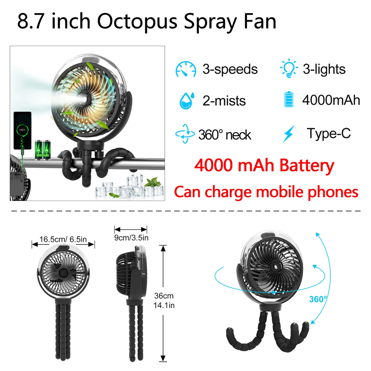 Portable Clip Fan Oscillating Pram Fan With lights 3 lighting levels Flexible Tripod Clip-on 6000mAh USB Battery Operated 360° Rotatable Hanging Fan with Night Light Air Cooler for Outdoor Camping Ventilador