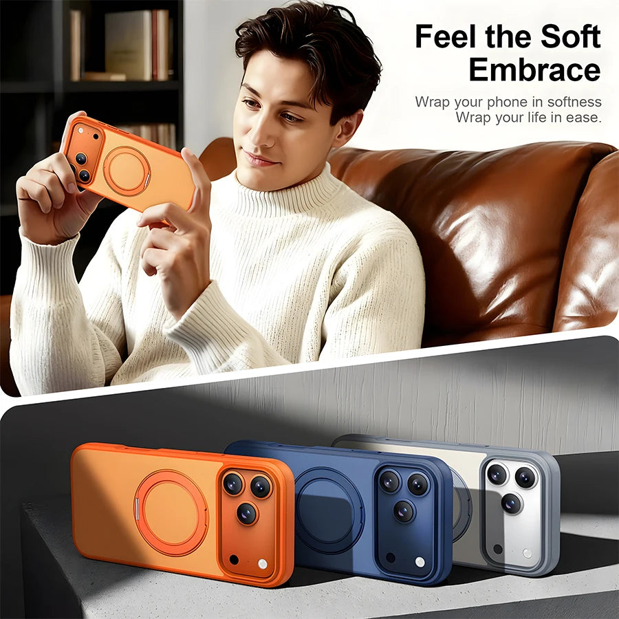 360° Adjustable Magnetic Phone Case with Rotating Stand | Multi-Function & MagSafe Compatible, Skin-Friendly & Portable Semi-Transparent Design for iPhone 18/17/16/15/14/13/12 Pro/ProMax/Air/Plus/E Series