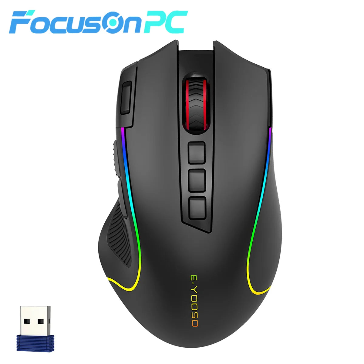 FocusOnPC 2.4G Wireless RGB Optical Gaming Mouse, 8000 DPI, Remappable Keys, Zero Latency Cable-Free Design, Custom Macro Keybindings, Vibrant Backlight & Ergonomic Comfort Grip