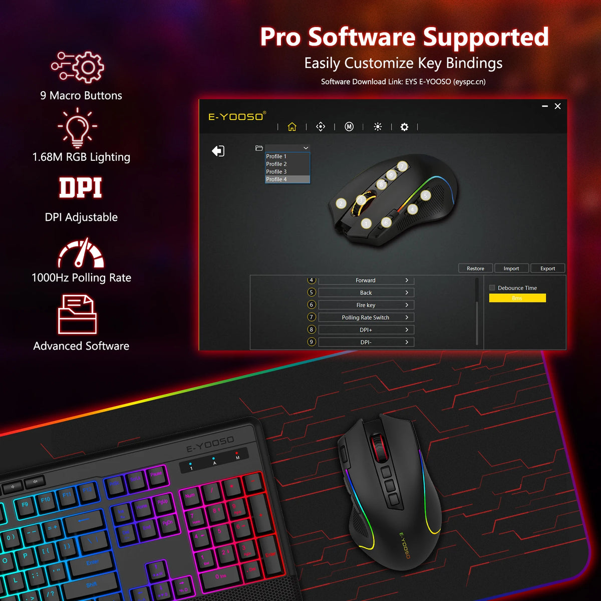 FocusOnPC 2.4G Wireless RGB Optical Gaming Mouse, 8000 DPI, Remappable Keys, Zero Latency Cable-Free Design, Custom Macro Keybindings, Vibrant Backlight & Ergonomic Comfort Grip