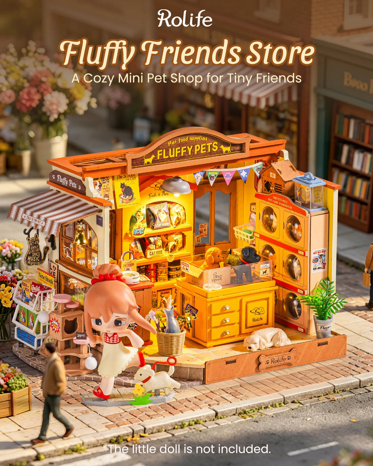Rolife DIY Miniature House Kit Pet Store Dollhouse Wooden 3D Puzzle Model Building Kit with LED Light for Home Decor Suitable for Adults and Kids