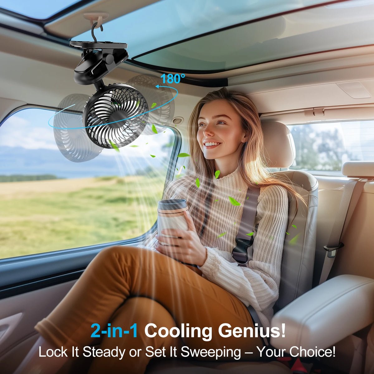 Portable Clip Fan Oscillating Pram Fan With lights 3 lighting levels Flexible Tripod Clip-on 6000mAh USB Battery Operated 360° Rotatable Hanging Fan with Night Light Air Cooler for Outdoor Camping Ventilador