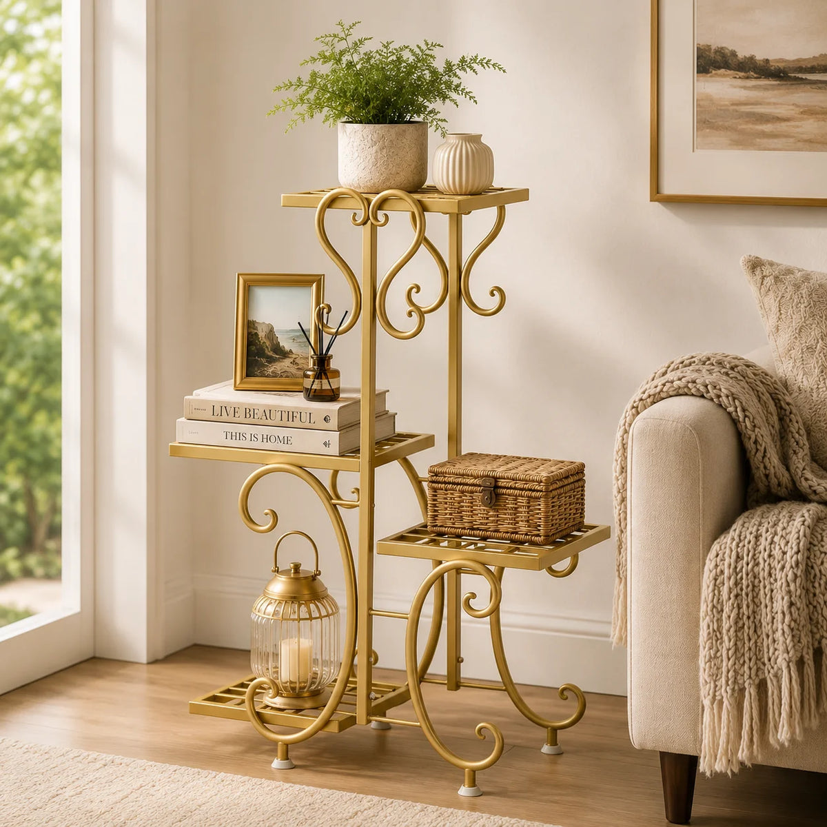 Decorative Metal Corner Display Shelf, 4-Tier Freestanding Accent Stand for Plants, Books, Candles, Storage Baskets & Home Decor