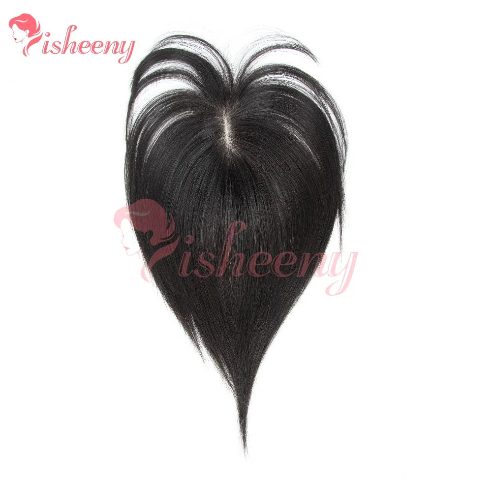 Isheeny 5x9cm Human Hair Toppers Daily Wear Dark Extensions Black Brown 20g 20cm/25cm/30cm Hairpiece for Quick Hair Loss Fix