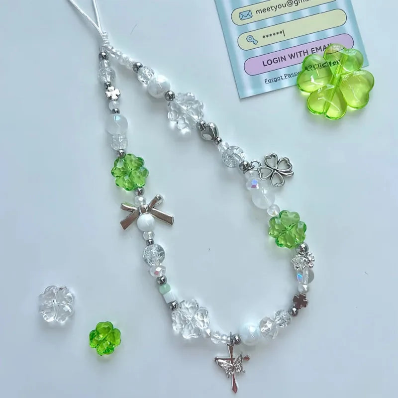 Korean Cute Green Clear Lucky Clover Beaded Keychain Phone Charm Chain Strap Pendant For Phone Accessories Bag Hanging Cord Gift