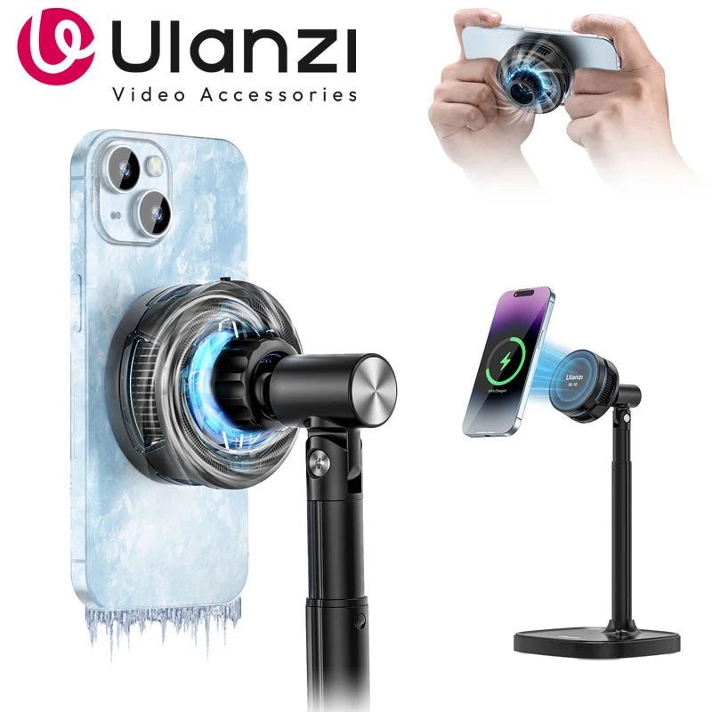Ulanzi SK-10 3 in 1 Magnetic Cell Phone Stand with Cooling Fan and Wireless Charger for iPhone Height Adjustable Phone Desk Hold
