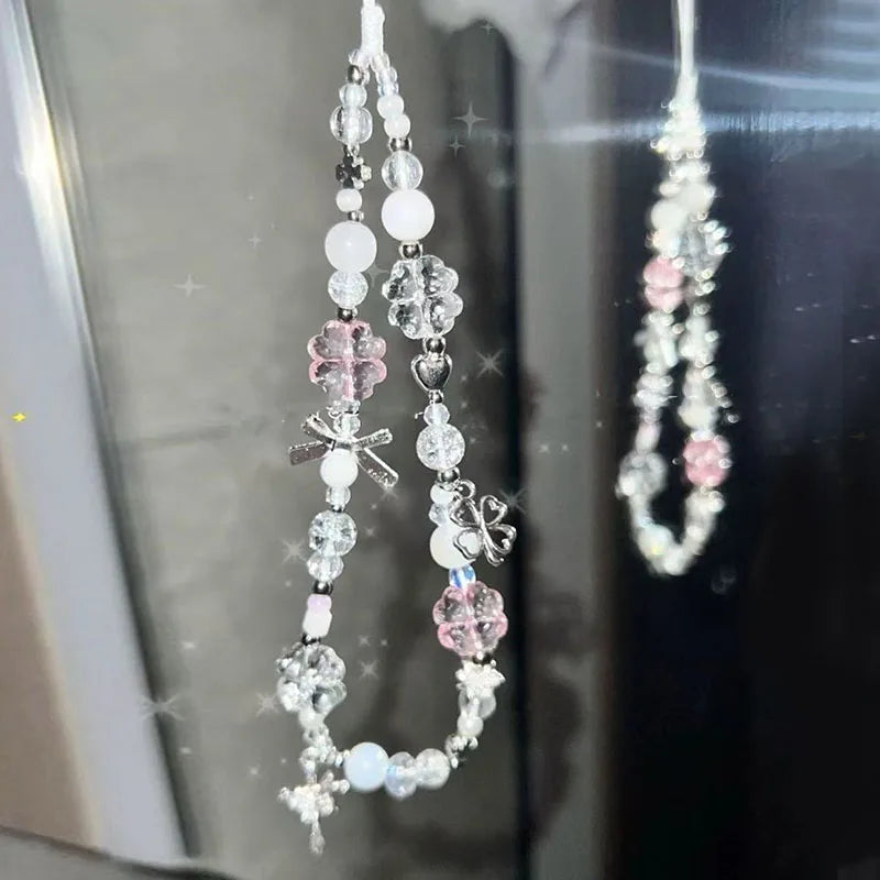 Korean Cute Green Clear Lucky Clover Beaded Keychain Phone Charm Chain Strap Pendant For Phone Accessories Bag Hanging Cord Gift