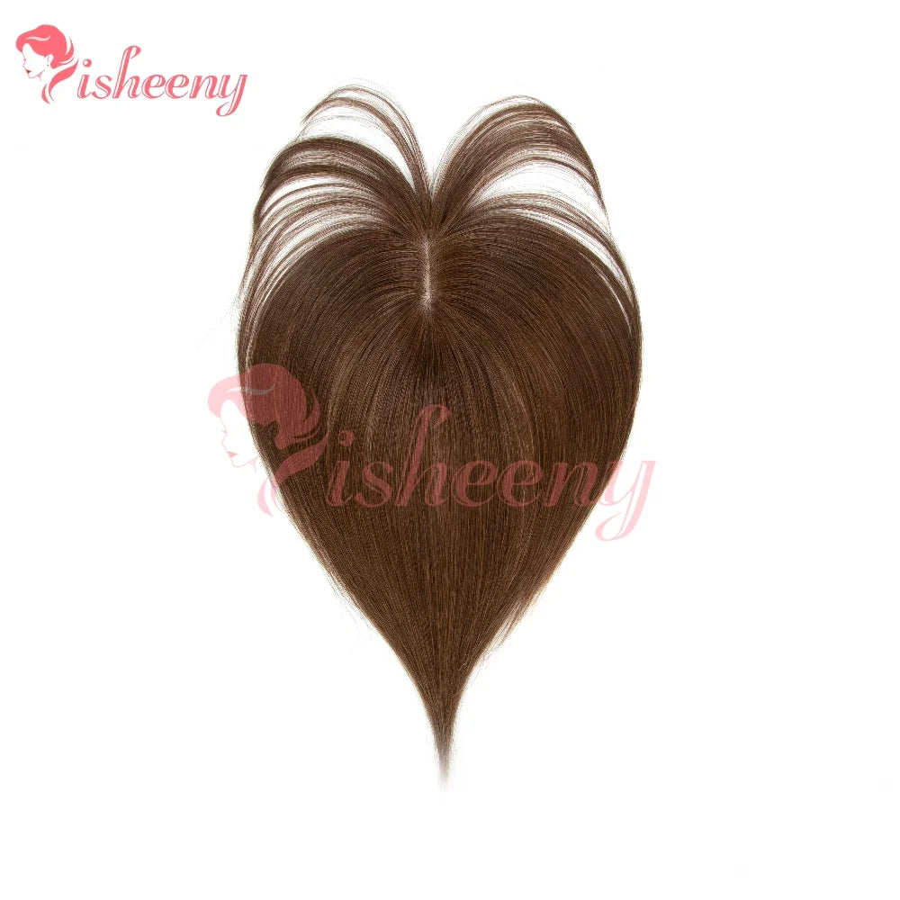Isheeny 5x9cm Human Hair Toppers Daily Wear Dark Extensions Black Brown 20g 20cm/25cm/30cm Hairpiece for Quick Hair Loss Fix