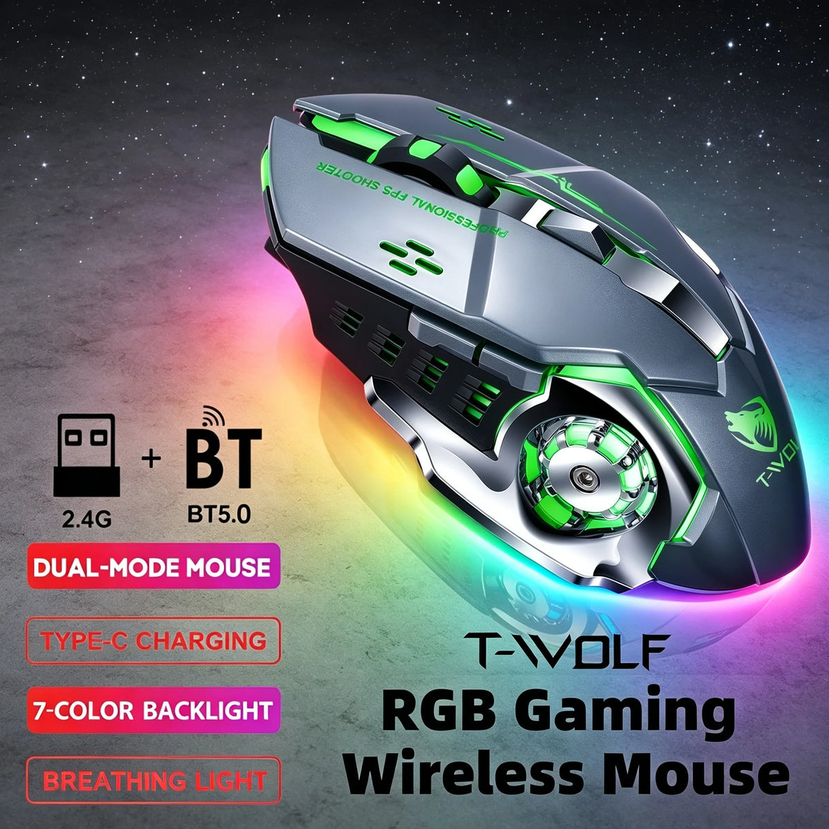 RGB Wireless Gaming Mouse - T-WOLF Rechargeable BT5.0 + 2.4G Dual-Mode Mouse, Silent Full-Size Ergonomic Design For Extended Work, Productivity & Gaming, Tech Desk Setup Accessories, Back To School Gift