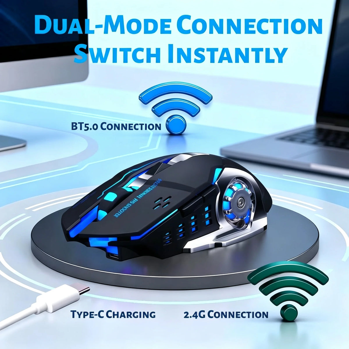 RGB Wireless Gaming Mouse - T-WOLF Rechargeable BT5.0 + 2.4G Dual-Mode Mouse, Silent Full-Size Ergonomic Design For Extended Work, Productivity & Gaming, Tech Desk Setup Accessories, Back To School Gift