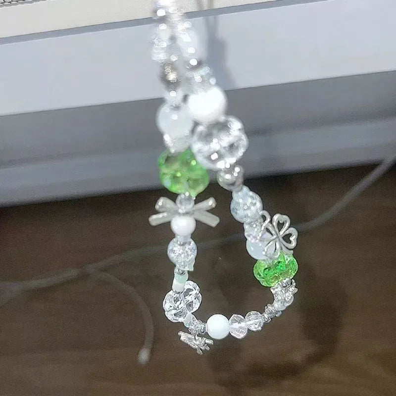 Korean Cute Green Clear Lucky Clover Beaded Keychain Phone Charm Chain Strap Pendant For Phone Accessories Bag Hanging Cord Gift
