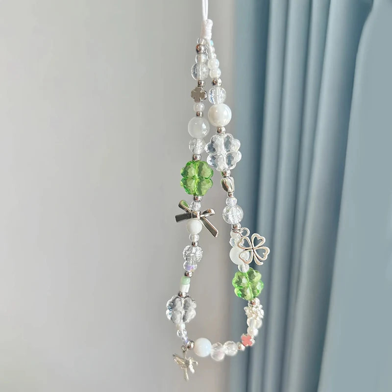 Korean Cute Green Clear Lucky Clover Beaded Keychain Phone Charm Chain Strap Pendant For Phone Accessories Bag Hanging Cord Gift